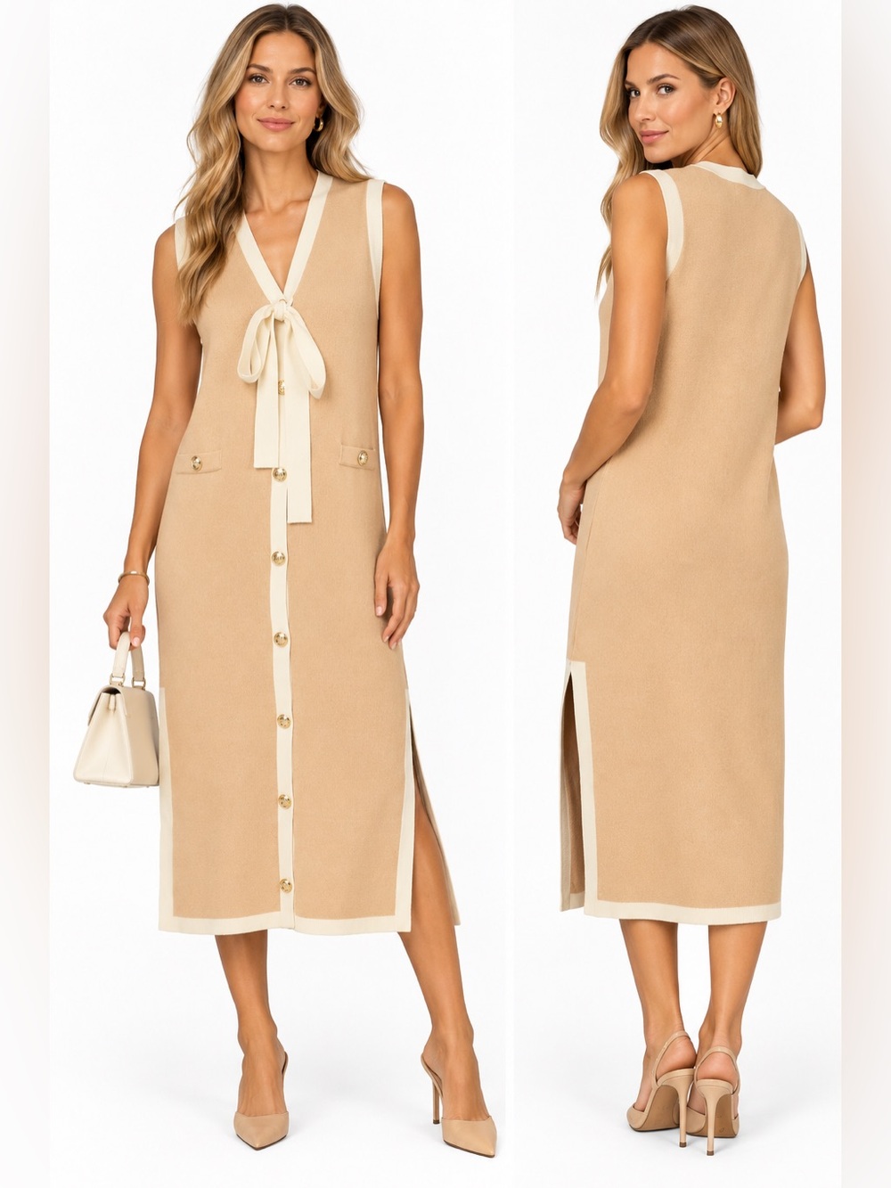 Sleeveless Camel Knit Midi Dress with Ivory Trim